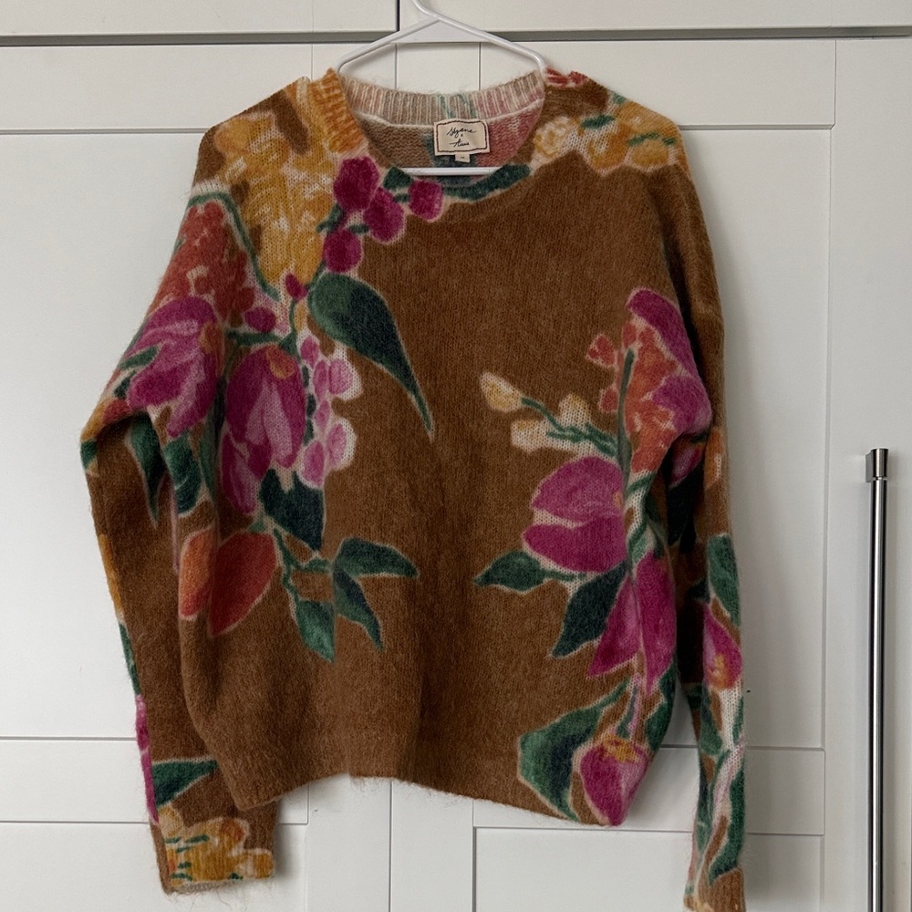 Sezane Floral Crew Neck Sweater - Brown and Pink